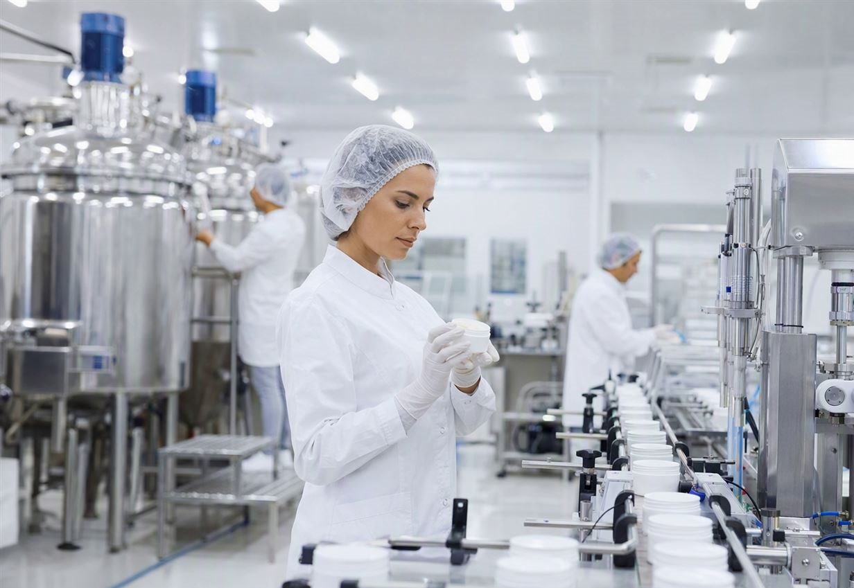 Eva International cosmetics factory production line with filling machines and quality inspection