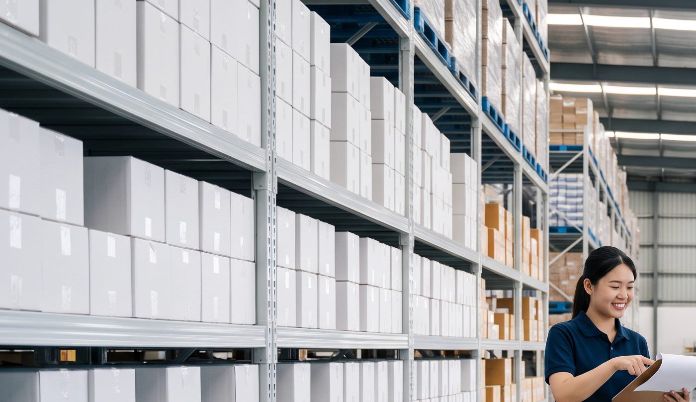 Export warehouse staff walking a foreign buyer through the shipment checklist among sealed cartons