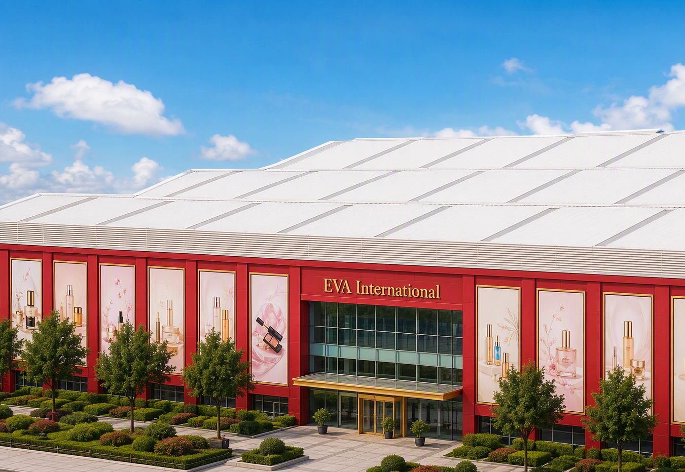Eva International wholesale plaza exterior with red facade and gold EVA International signage