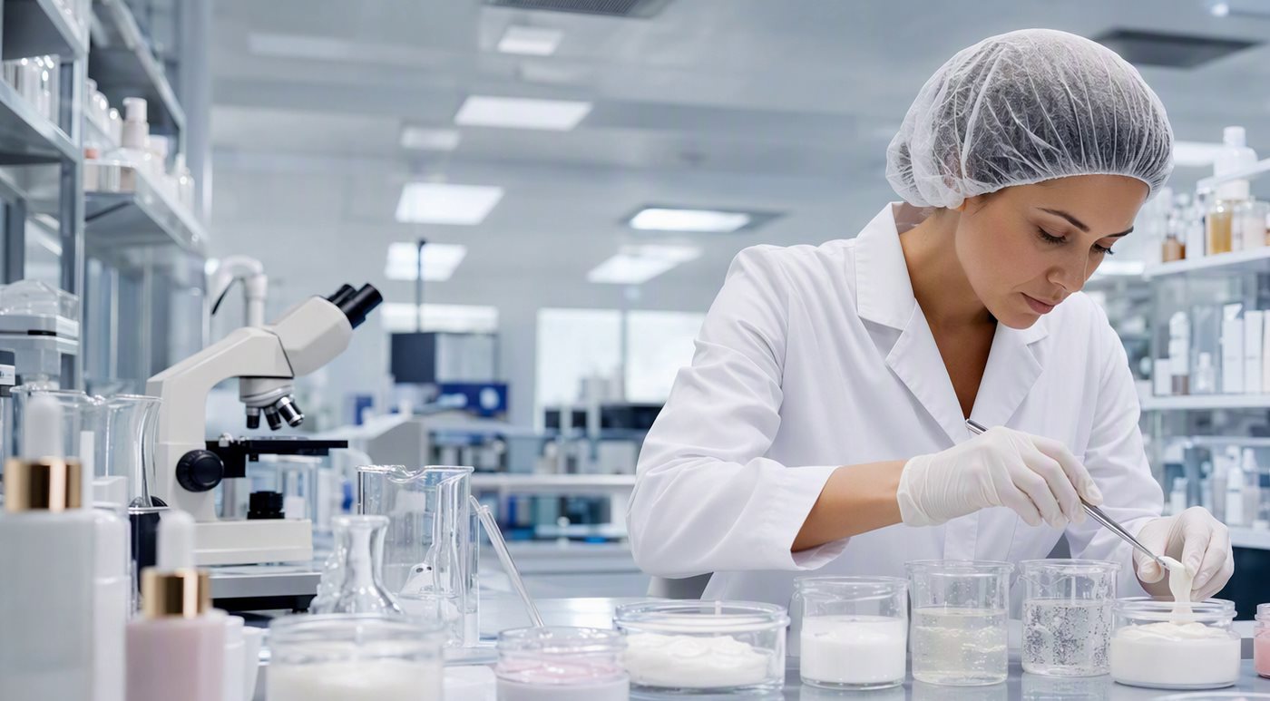 Quality control laboratory: technician testing skincare cream samples with laboratory instruments